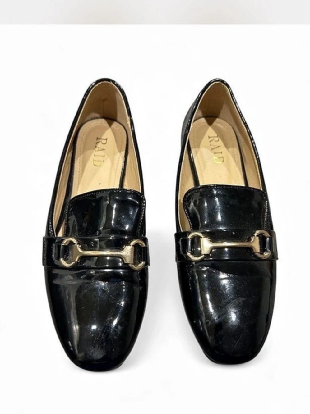 RAID Black Patent Horsebit Loafers Gold Buckle Flats Size4 business casual, offi